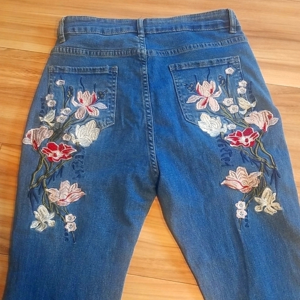 Embroidered Flare Jeans Hippie Boho Dark Wash Flare Fashion Denim Stretch